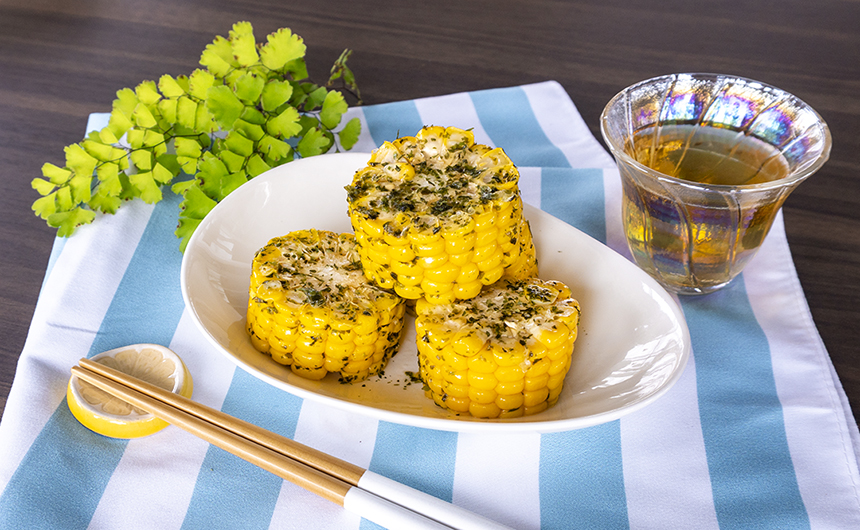 蒸し器でとうもろこしの青のりバター風味